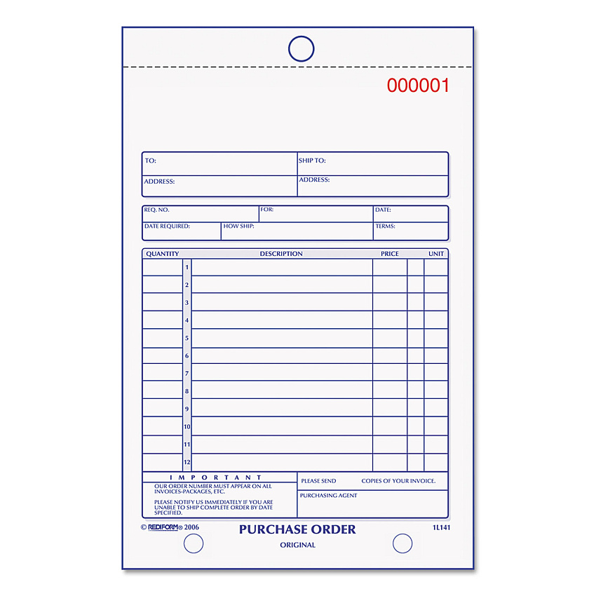 Rediform Purchase Order Book, 12 Lines, Three-Part Carbonless, 5.5 x 7.88, 50 Forms Total (1L141)