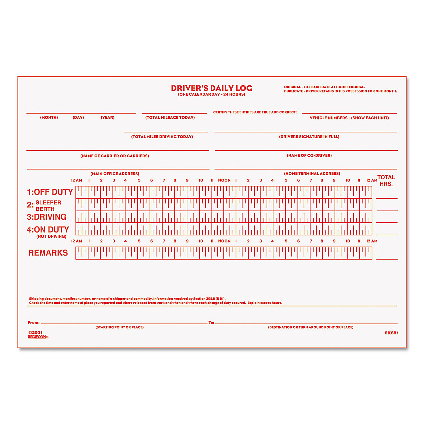 Rediform Driver's Daily Log Book with Daily Record and Hours Summary, Two-Part Carbonless, 7.88 x 5.5, 31 Forms Total (6K681)