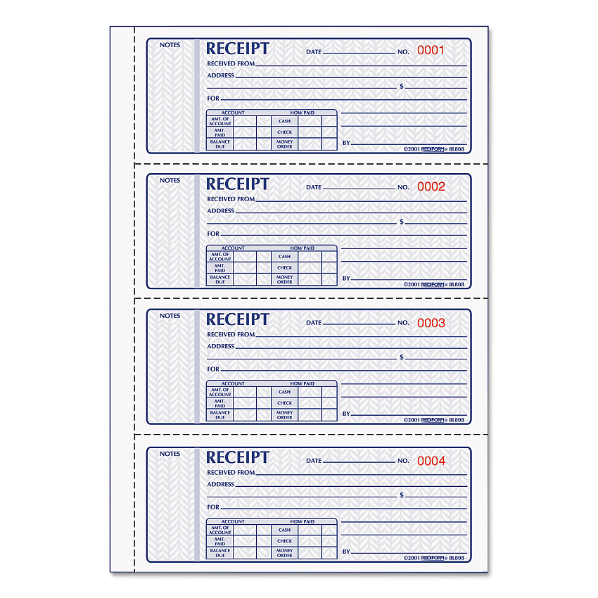 Rediform Money Receipt Book, FormGuard Cover, Three-Part Carbonless, 7 x 2.75, 4 Forms/Sheet, 100 Forms Total (8L808R)