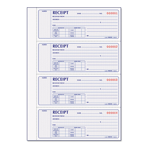 Rediform Receipt Book, Two-Part Carbonless, 7 x 2.75, 4 Forms/Sheet, 400 Forms Total (8L816)