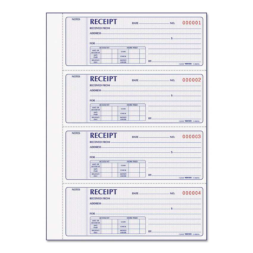 Rediform Receipt Book, Two-Part Carbonless, 7 x 2.75, 4 Forms/Sheet, 400 Forms Total (8L816)
