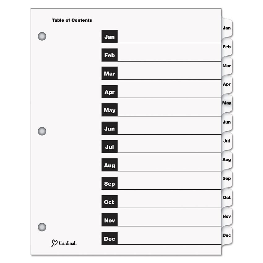 Cardinal OneStep Printable Table of Contents and Dividers, 12-Tab, Jan. to Dec., 11 x 8.5, White, White Tabs, 1 Set 12 x Divider(s) - Printed Tab(s) - Month - Jan-Dec - 12 Tab(s)/Set - 9" Divider Width x 11" Divider Length - Letter - 8.50" Width x (60313)