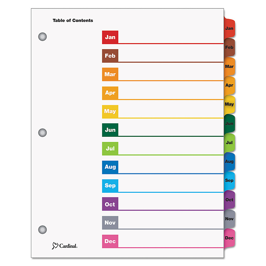 Cardinal OneStep Printable Table of Contents and Dividers, 12-Tab, Jan. to Dec., 11 x 8.5, White, Assorted Tabs, 1 Set (60318)