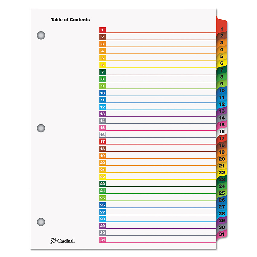 Cardinal OneStep Printable Table of Contents and Dividers, 31-Tab, 1 to 31, 11 x 8.5, White, Assorted Tabs, 1 Set (60118)