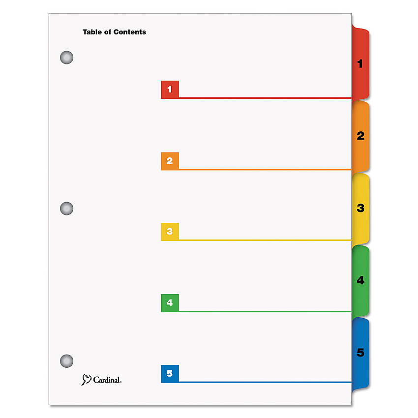 Cardinal OneStep Printable Table of Contents and Dividers, 5-Tab, 1 to 5, 11 x 8.5, White, Assorted Tabs, 1 Set (60518)
