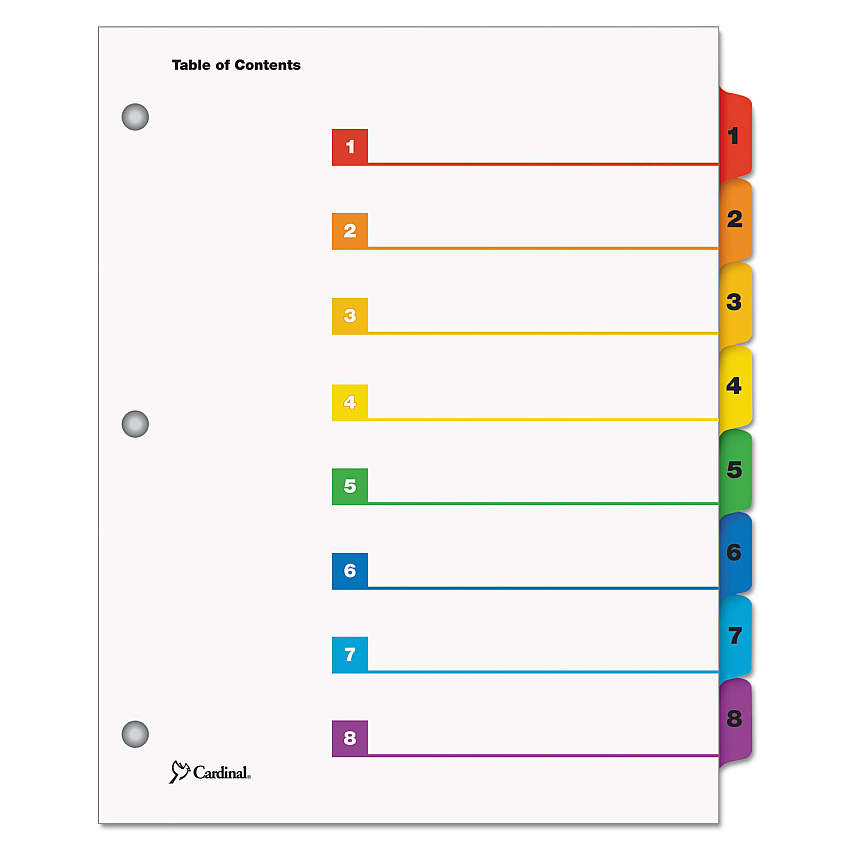 Cardinal OneStep Printable Table of Contents and Dividers, 8-Tab, 1 to 8, 11 x 8.5, White, Assorted Tabs, 1 Set (60818)