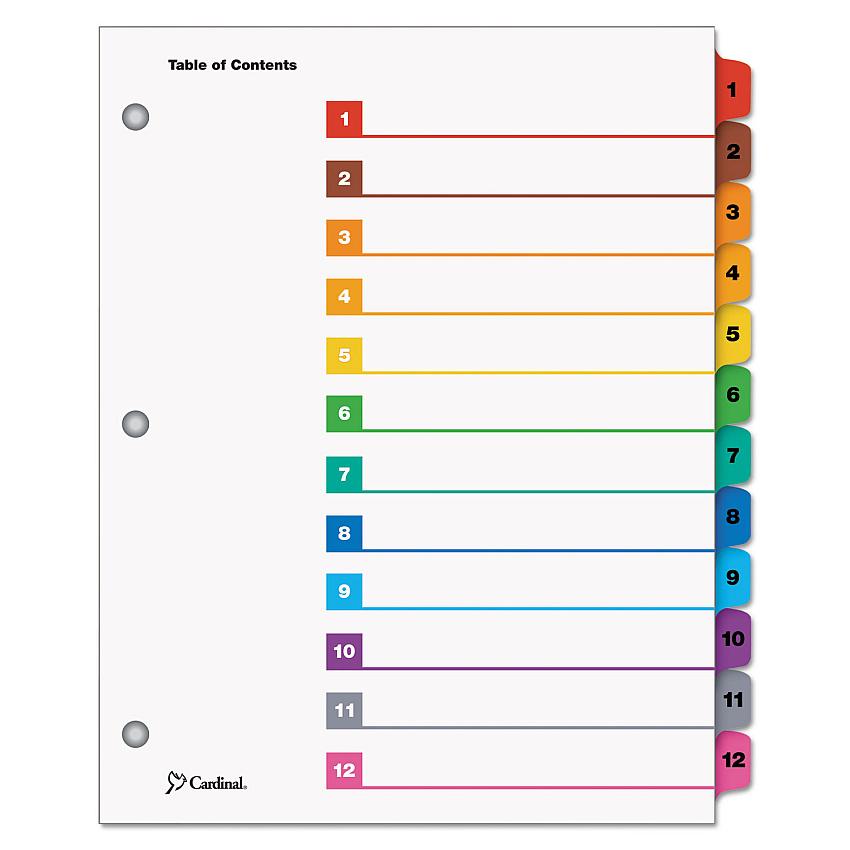 Cardinal OneStep Printable Table of Contents and Dividers, 12-Tab, 1 to 12, 11 x 8.5, White, Assorted Tabs, 1 Set (61218)