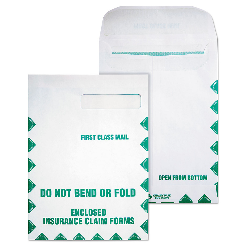 Quality Park Redi-Seal Insurance Claim Form Envelope, Cheese Blade Flap, Redi-Seal Adhesive Closure, 9 x 12.5, White, 100/Box (54692)
