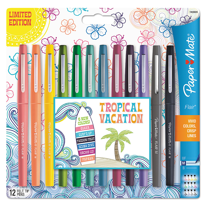 Paper Mate Point Guard Flair Felt Tip Porous Point Pen, Stick, Medium 0.7 mm, Assorted Tropical Vacation Ink and Barrel Colors, Dozen (1928605)