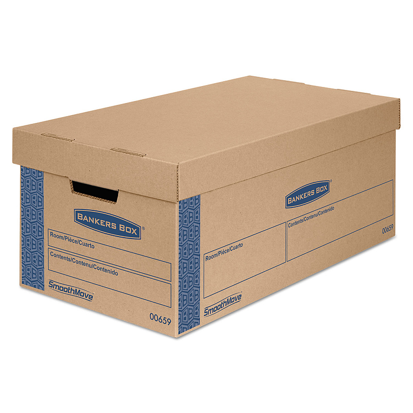 Bankers Box SmoothMove Prime Moving/Storage Boxes, Lift-Off Lid, Half Slotted Container, Small, 12" x 24" x 10", Brown/Blue, 8/Carton (0065901)
