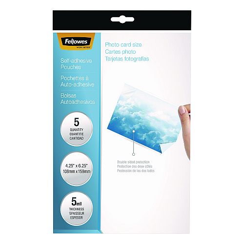 Fellowes Self-Adhesive Laminating Pouches, 5 mil, 4.25" x 6.25", Gloss Clear, 5/Pack (5220401)