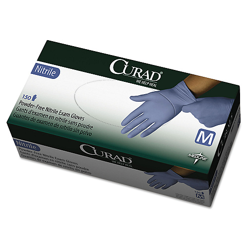 Curad Powder-free Nitrile Disposable Exam Gloves 9.50" Glove Length - Medium Size - Full-Textured Design - Blue - Latex-free, Non-sterile, Chemical Resistant - For Medical - 150 / Box (CUR9315)