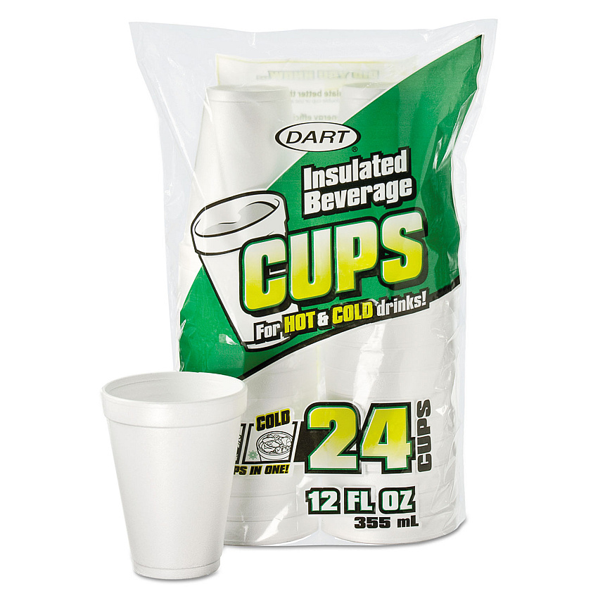 Dart Small Foam Drink Cups, 12 oz, White, 24/Bag, 12 Bags/Carton (12JP24)