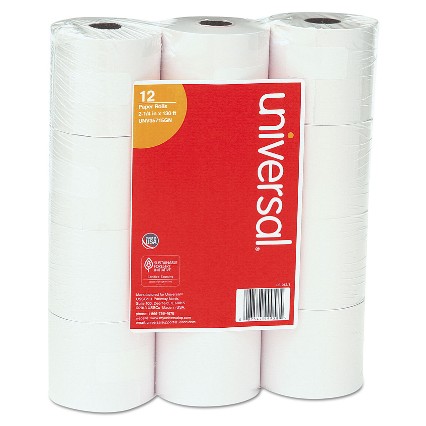 Universal Impact and Inkjet Print Bond Paper Rolls, 0.5" Core, 2.25" x 130 ft, White, 12/Pack (UNV35715GN)