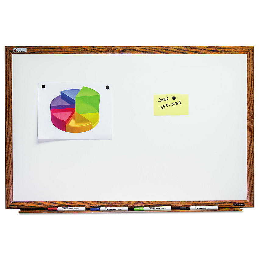 AbilityOne 7110013347079, SKILCRAFT Magnetic Porcelain Dry Erase Board, 36 x 24, White Surface, Light Brown Oak Frame