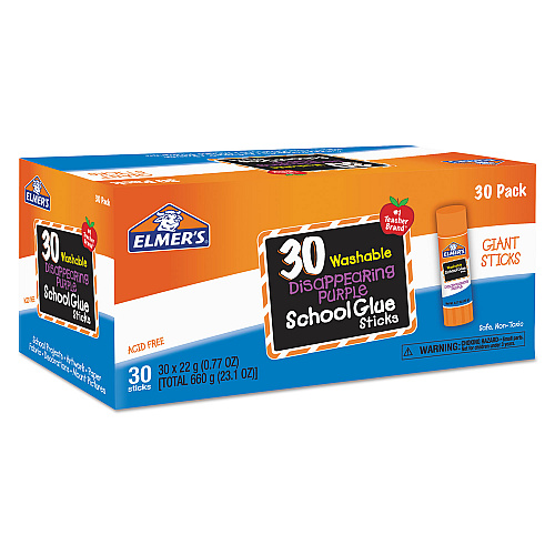 Elmer's Disappearing Purple All Purpose Glue Sticks, 0.77 oz, Dries Clear, 30/Box (E605)