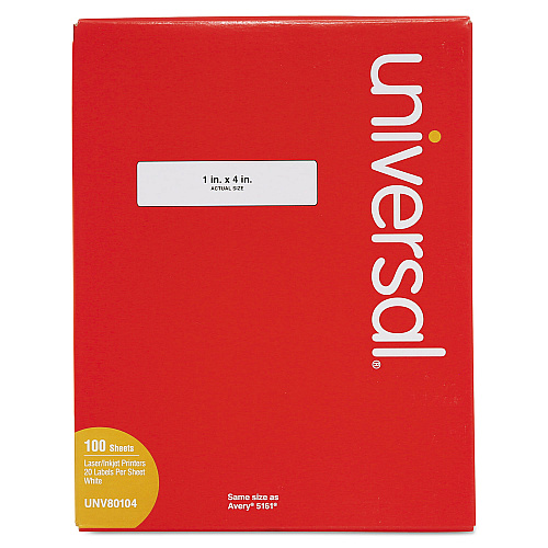 Universal White Labels, Inkjet/Laser Printers, 1 x 4, White, 20/Sheet, 100 Sheets/Box (UNV80104)