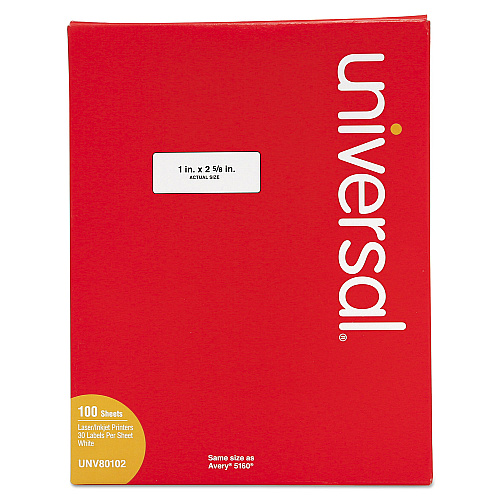 Universal White Labels, Inkjet/Laser Printers, 1 x 2.63, White, 30/Sheet, 100 Sheets/Box (UNV80102)