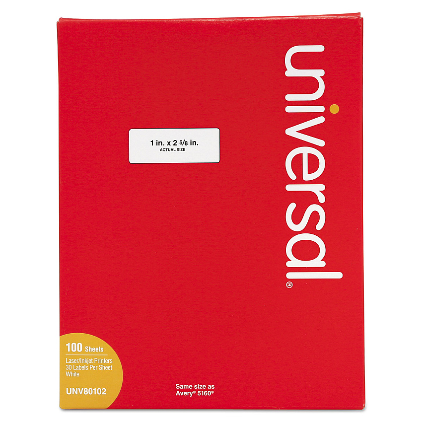 Universal White Labels, Inkjet/Laser Printers, 1 x 2.63, White, 30/Sheet, 100 Sheets/Box (UNV80102)