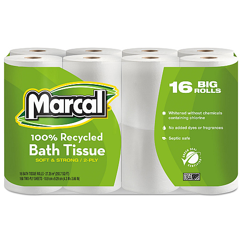 Marcal&reg; Standard Toilet Paper, 2-Ply, 168 Sheets, 16 Rolls (1646616PK)