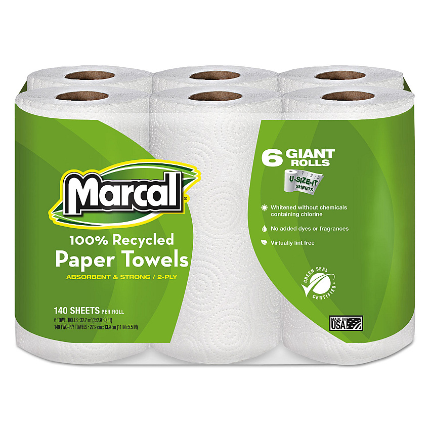 Marcal 100% Premium Recycled Kitchen Roll Towels, 2-Ply, 11 x 5.5, White, 140/Roll, 24 Rolls/Carton (6181CT)