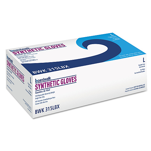 Boardwalk&reg; Powder-Free Synthetic Vinyl Gloves, Large, Beige, 4 mil, 100/Box (BWK315LBX)