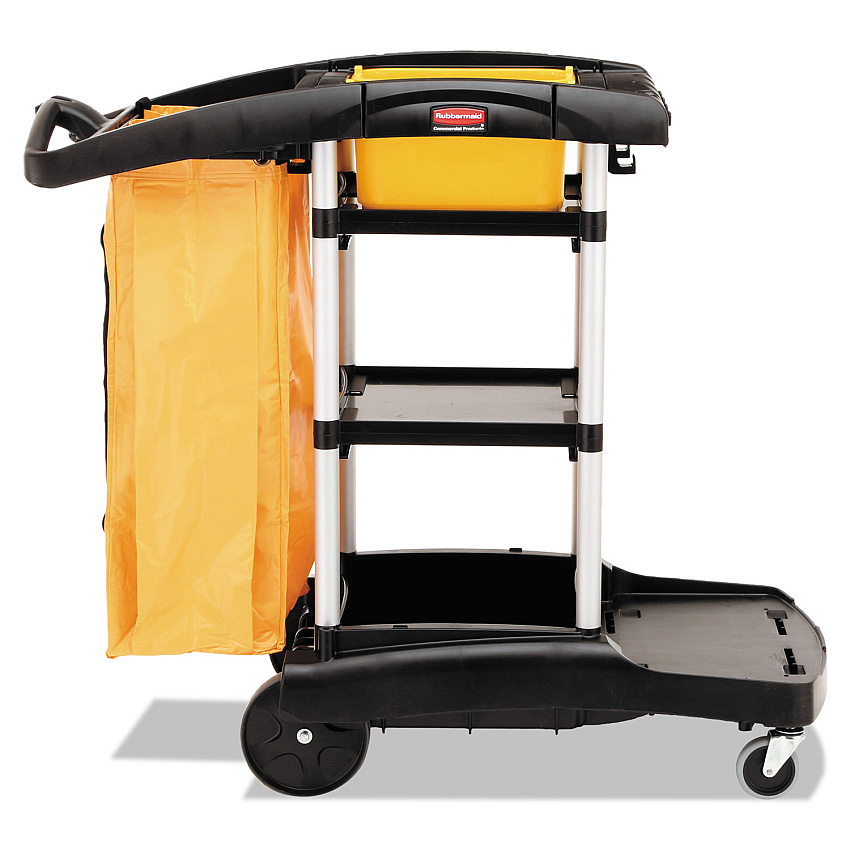 Rubbermaid Commercial High Capacity Cleaning Cart, Plastic, 4 Shelves, 2 Bins, 21.75" x 49.75" x 38.38", Black (9T7200BK)