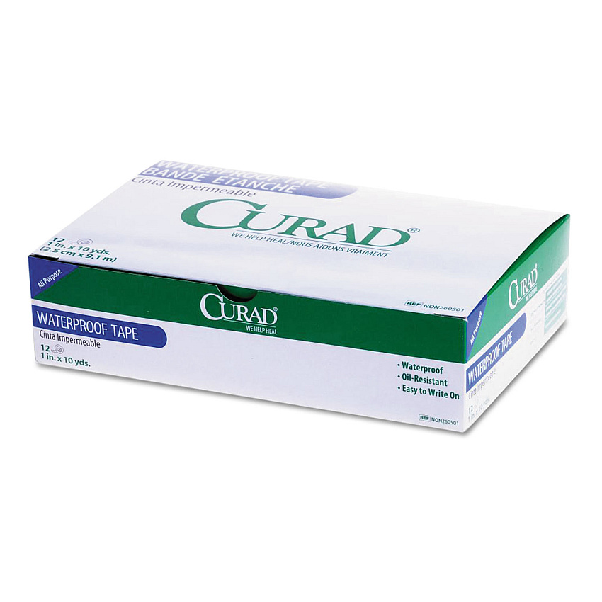Curad Waterproof Medical Tape, Polyethylene-Coated Cloth, 1" x 10 yds, White, 12/Box (NON260501)