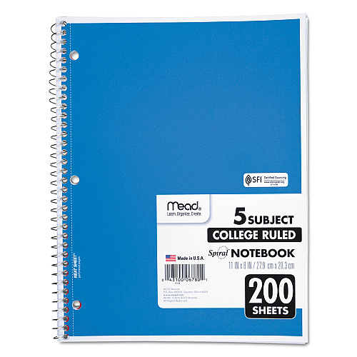 Mead Spiral Notebook, 5-Subject, Medium/College Rule, Randomly Assorted Cover Color, (200) 11 x 8 Sheets (06780)