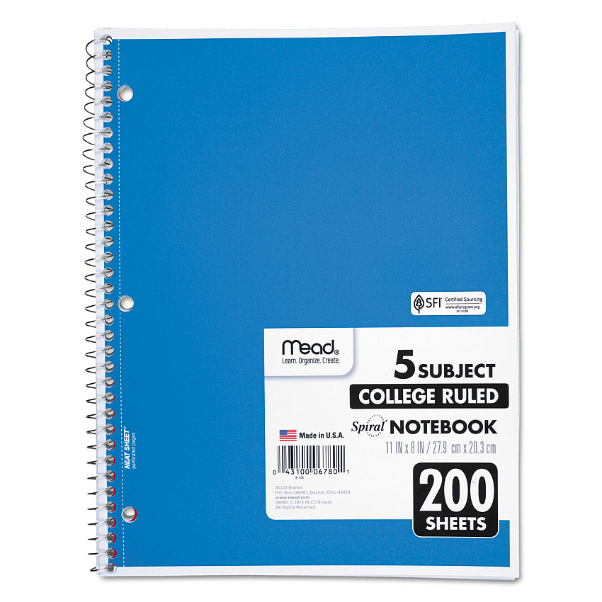 Mead Spiral Notebook, 5-Subject, Medium/College Rule, Randomly Assorted Cover Color, (200) 11 x 8 Sheets (06780)