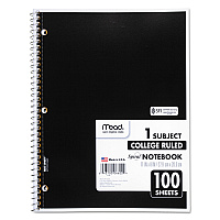 Mead Spiral Notebook, 3-Hole Punched, 1-Subject, Medium/College Rule, Randomly Assorted Cover Color, (100) 11 x 8 Sheets (06622)