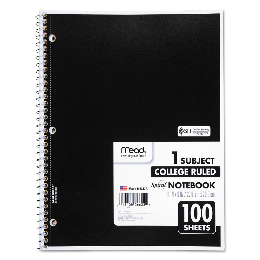 Mead Spiral Notebook, 3-Hole Punched, 1-Subject, Medium/College Rule, Randomly Assorted Cover Color, (100) 11 x 8 Sheets (06622)