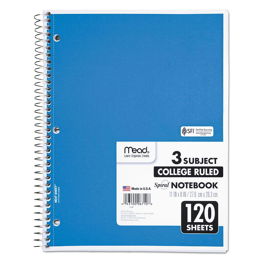 Mead Spiral Notebook, 3-Subject, Medium/College Rule, Randomly Assorted Cover Color, (120) 11 x 8 Sheets (06710)