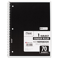 Mead Spiral Notebook, 3-Hole Punched, 1-Subject, Medium/College Rule, Randomly Assorted Cover Color, (70) 10.5 x 7.5 Sheets (05512)
