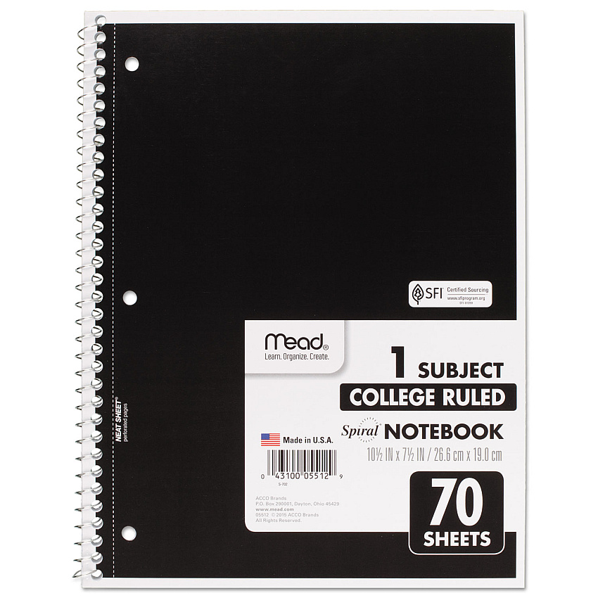 Mead Spiral Notebook, 3-Hole Punched, 1-Subject, Medium/College Rule, Randomly Assorted Cover Color, (70) 10.5 x 7.5 Sheets (05512)