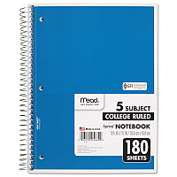 Mead Spiral Notebook, 5-Subject, Medium/College Rule, Randomly Assorted Cover Color, (180) 10.5 x 8 Sheets (05682)