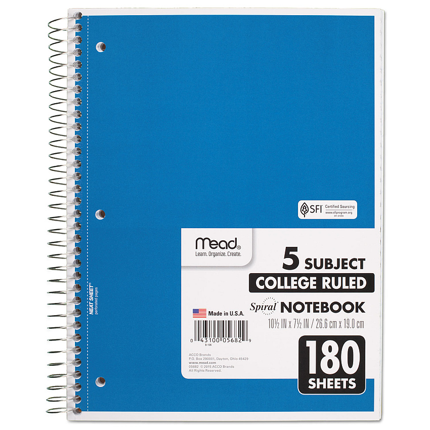 Mead Spiral Notebook, 5-Subject, Medium/College Rule, Randomly Assorted Cover Color, (180) 10.5 x 8 Sheets (05682)