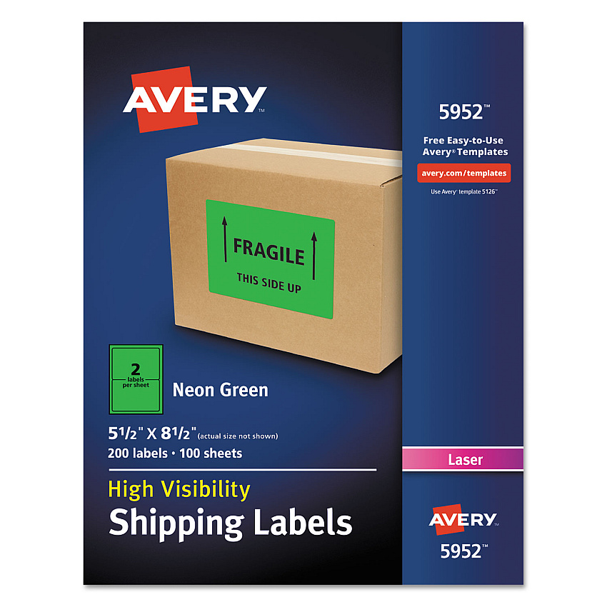 Avery High-Visibility Permanent Laser ID Labels, 5.5 x 8.5, Neon Green, 200/Box (5952)