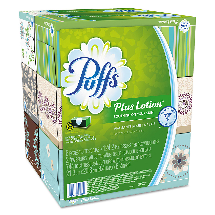 Puffs Plus Lotion Facial Tissue, 2-Ply, White, 124 Sheets/Box, 6 Boxes/Pack, 4 Packs/Carton (39383)