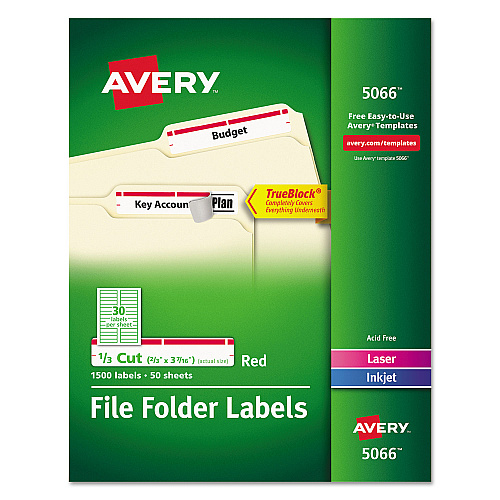 Avery Permanent TrueBlock File Folder Labels with Sure Feed Technology, 0.66 x 3.44, White, 30/Sheet, 50 Sheets/Box (5066)