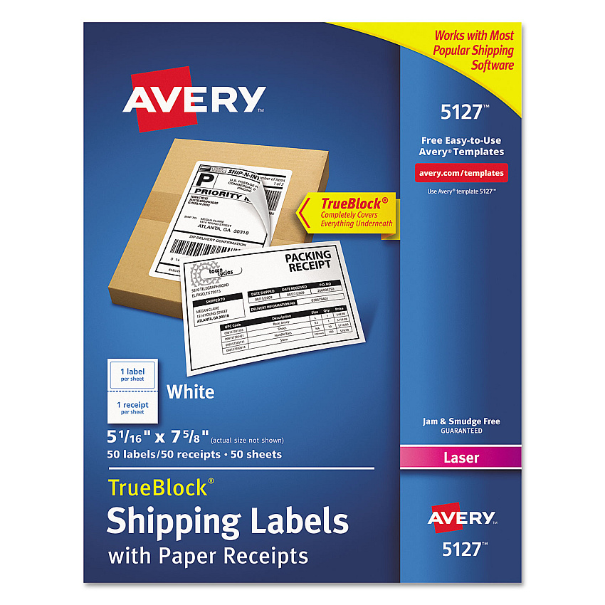 Avery Shipping Labels with Paper Receipt and TrueBlock Technology, Inkjet/Laser Printers, 5.06 x 7.63, White, 50/Pack (5127)