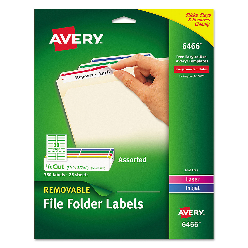 Avery Removable File Folder Labels with Sure Feed Technology, 0.66 x 3.44, White, 30/Sheet, 25 Sheets/Pack (6466)
