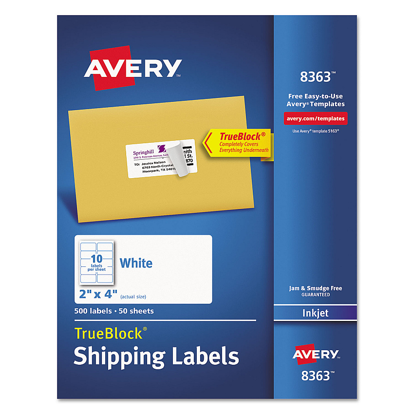 Avery Shipping Labels w/ TrueBlock Technology, Inkjet Printers, 2 x 4, White, 10/Sheet, 50 Sheets/Box (8363)