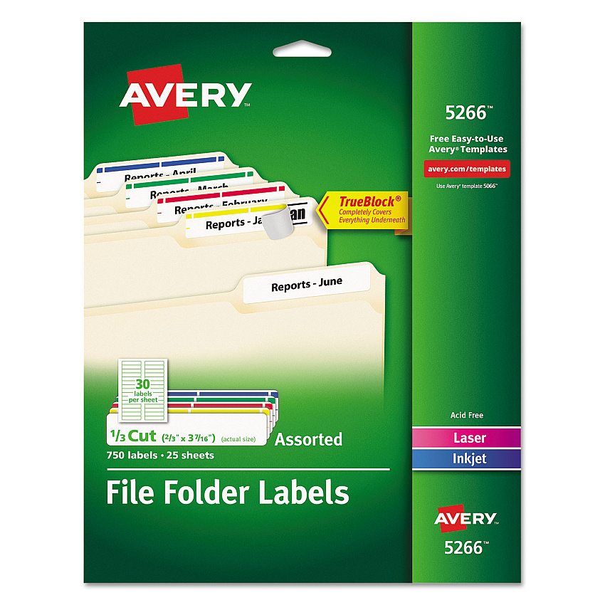 Avery Permanent TrueBlock File Folder Labels with Sure Feed Technology, 0.66 x 3.44, White, 30/Sheet, 25 Sheets/Pack (5266)