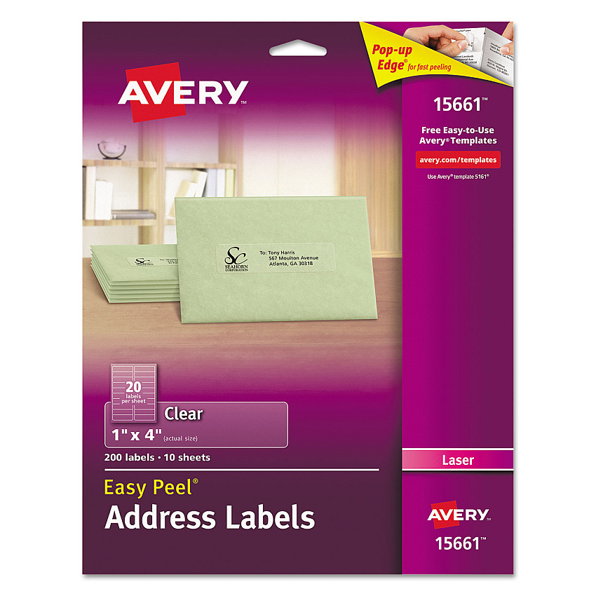 Avery Matte Clear Easy Peel Mailing Labels w/ Sure Feed Technology, Laser Printers, 1 x 4, Clear, 20/Sheet, 10 Sheets/Pack 1" Width x 4" Length - Permanent Adhesive - Rectangle - Laser - Matte - Clear - Film - Permanent Adhesive, Peel & Stick, Pop (15661)