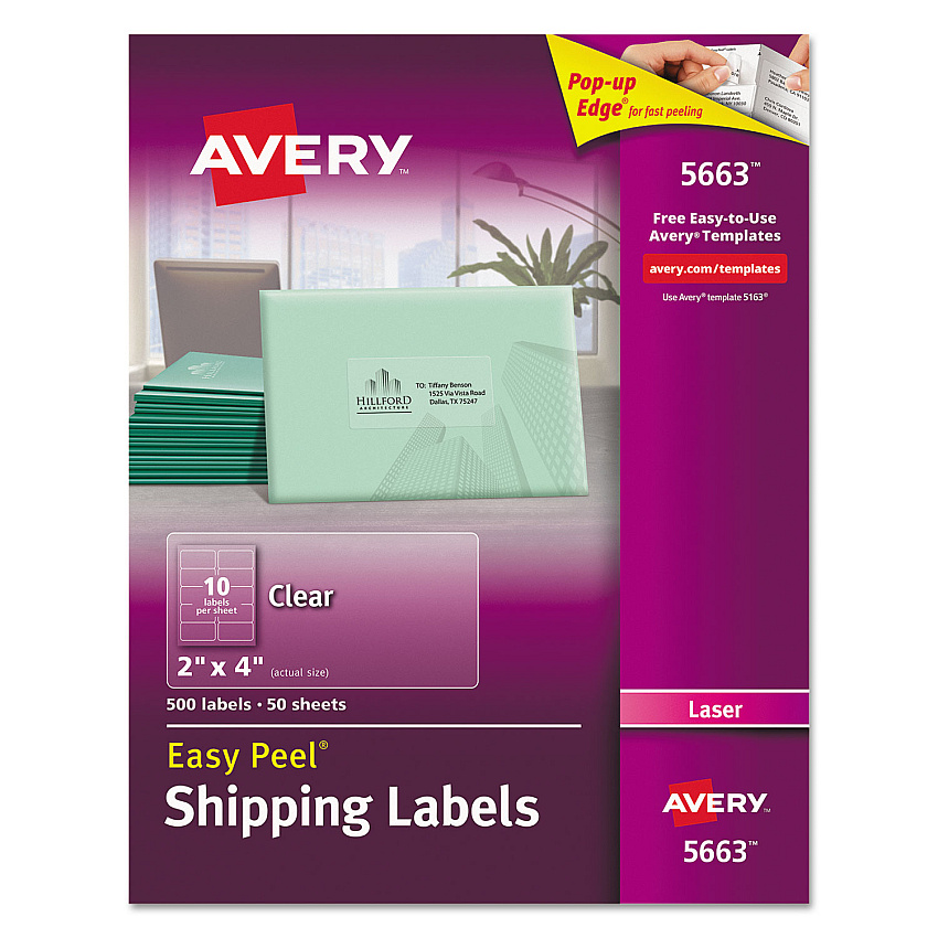 Avery Matte Clear Easy Peel Mailing Labels w/ Sure Feed Technology, Laser Printers, 2 x 4, Clear, 10/Sheet, 50 Sheets/Box (5663)
