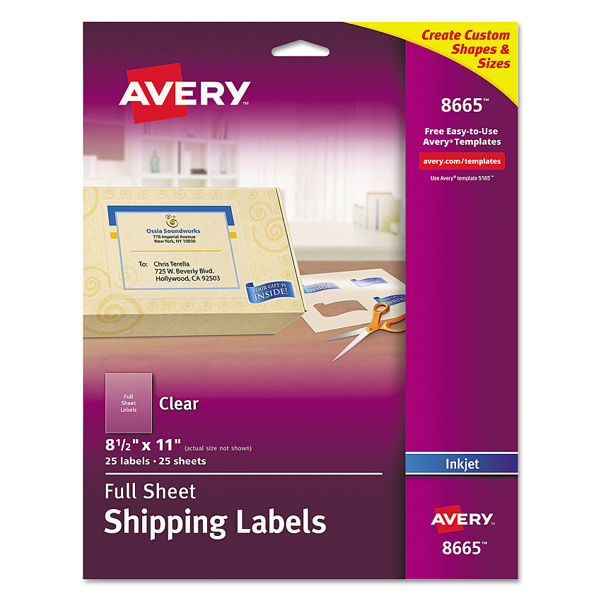 Avery Matte Clear Shipping Labels, Inkjet Printers, 8.5 x 11, Clear, 25/Pack (8665)