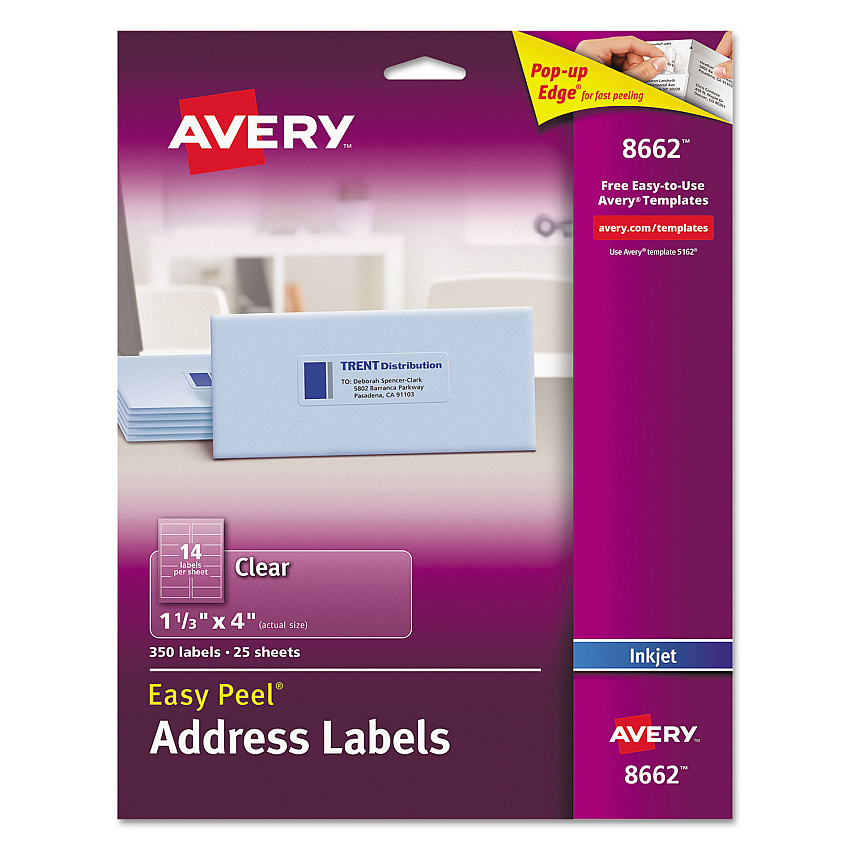 Avery Matte Clear Easy Peel Mailing Labels w/ Sure Feed Technology, Inkjet Printers, 1.33 x 4, Clear, 14/Sheet, 25 Sheets/Pack (8662)