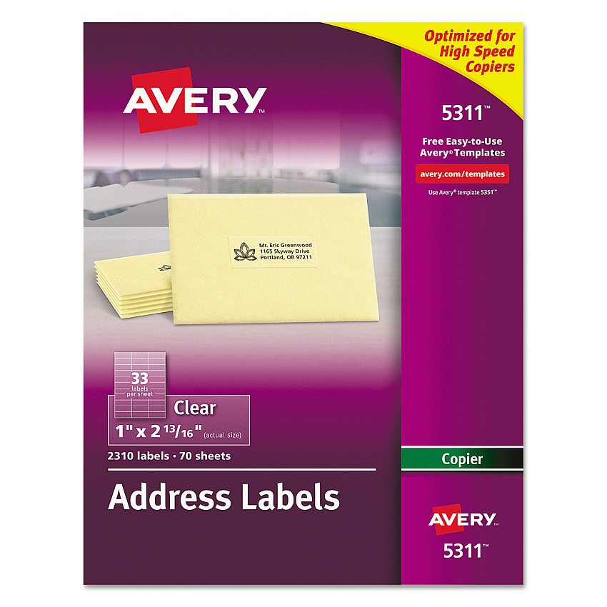 Avery Copier Mailing Labels, Copiers, 1 x 2.81, Clear, 33/Sheet, 70 Sheets/Pack (5311)