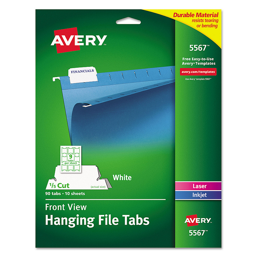 Avery Laser Printable Hanging File Tabs, 1/5-Cut, White, 2.06" Wide, 90/Pack (5567)